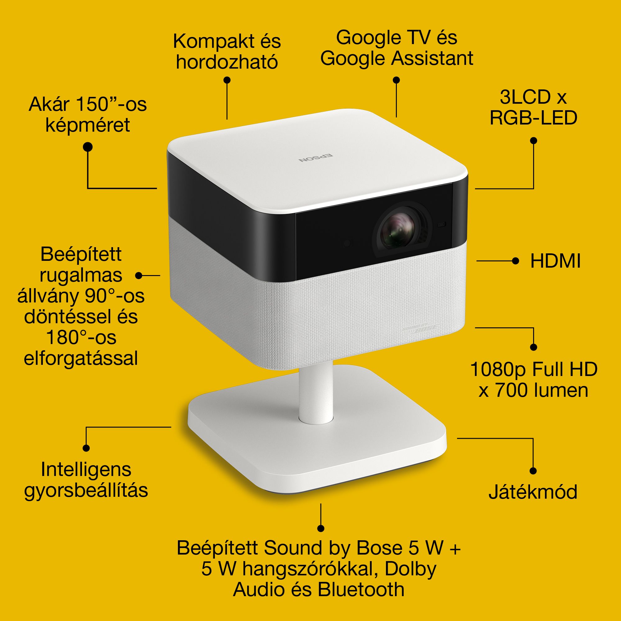 EPSON Projektor - Lifestudio Flex – EF-71 Gyémántfehér (3LCD, 1920x1080, 16:9, 700 AL, 5 000 000:1, HDMI/USB/WiFi)