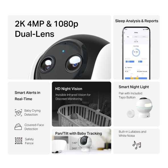 TP-LINK Wireless Kamera Cloud beltéri forgatható színes éjjellátó Smart AI Baba Monitor, TAPO C840