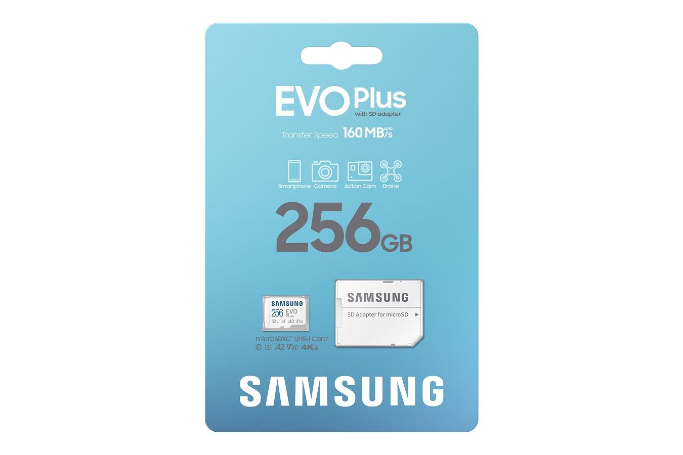 SAMSUNG Memóriakártya, EVO Plus microSD kártya (2021) 256GB, CLASS 10, UHS-1, U3, V30, A2, + Adapter, R160/W