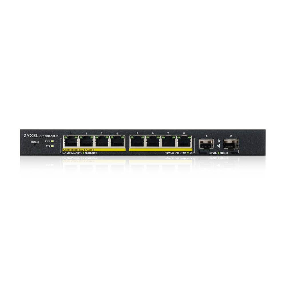 ZYXEL Switch 10x1000Mbps(8xPOE) + 2xGigabit SFP, Fémházas Menedzselhető (8GbE port), GS1900-10HP-EU0102F