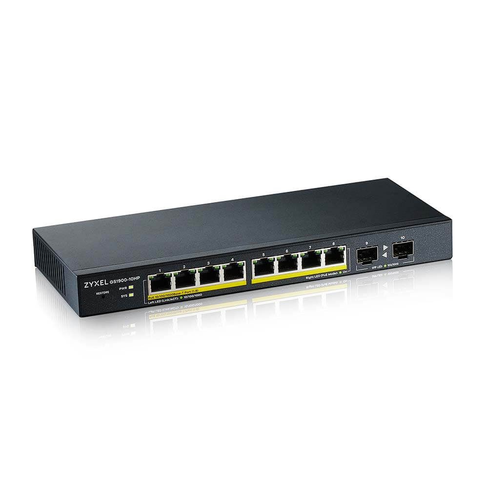 ZYXEL Switch 10x1000Mbps(8xPOE) + 2xGigabit SFP, Fémházas Menedzselhető (8GbE port), GS1900-10HP-EU0102F