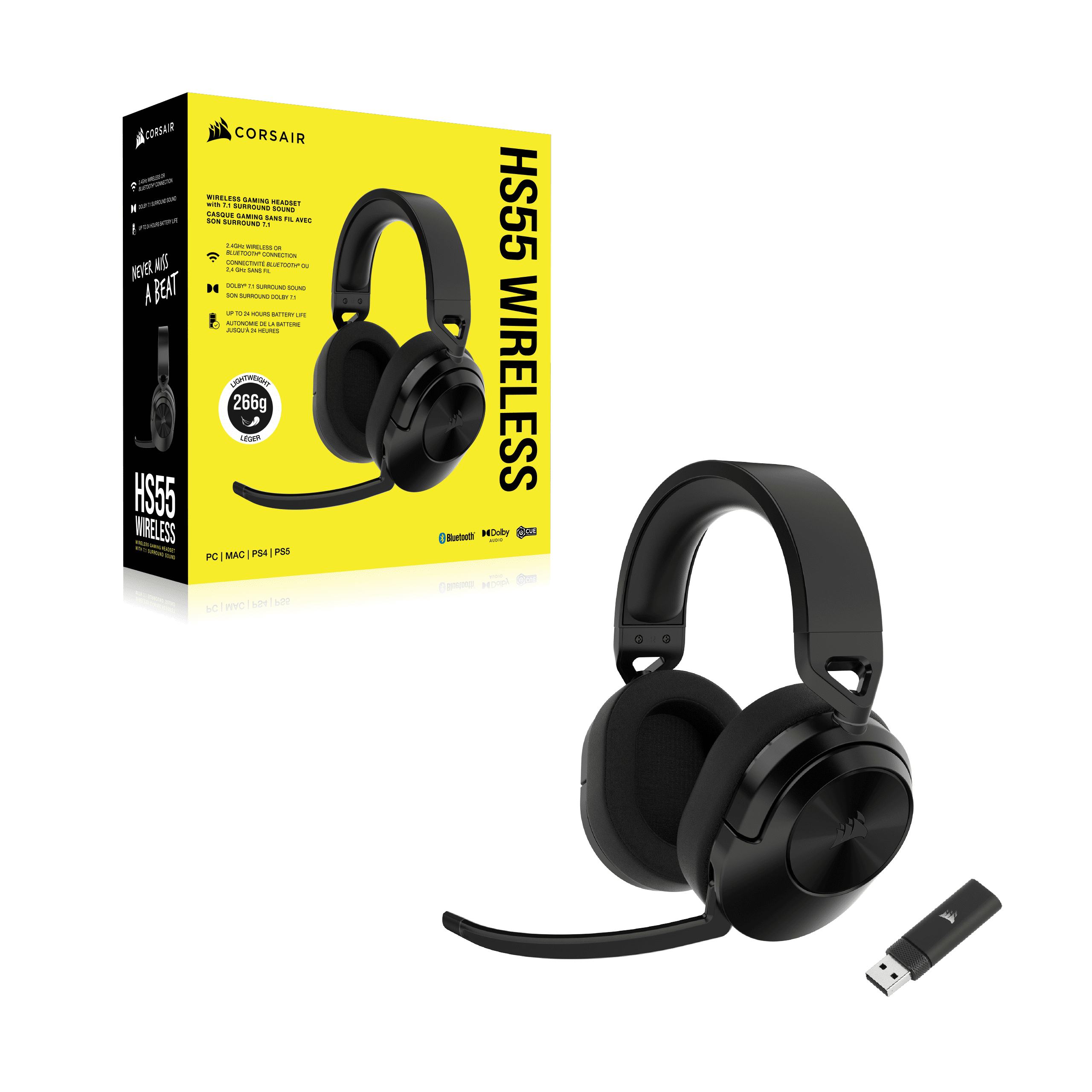 CORSAIR Vezeték Nélküli Headset, HS55 WIRELESS Gaming, 7.1 Hangzás, fekete
