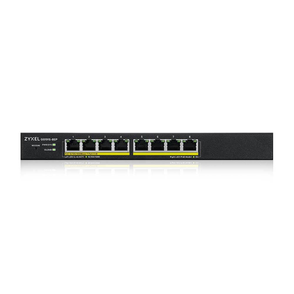 ZYXEL Switch 8x1000Mbps (8xPOE), Fémházas, Menedzselhető (8GbE port), GS1915-8EP-EU0101F