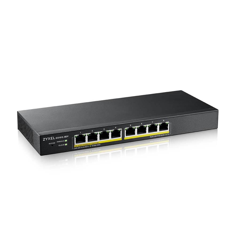 ZYXEL Switch 8x1000Mbps (8xPOE), Fémházas, Menedzselhető (8GbE port), GS1915-8EP-EU0101F