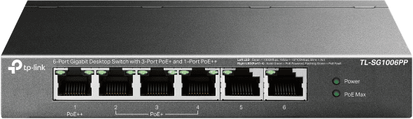 TP-LINK Switch 6x1000Mbps(3xPOE+ + 1xPOE++) Fémházas Asztali, TL-SG1006PP