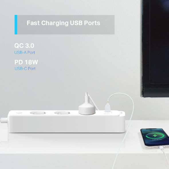TP-LINK Okos Elosztósor Wifi-s, 3xDugalj + 2xUSB + 1x 18W USB-C, TAPO P300
