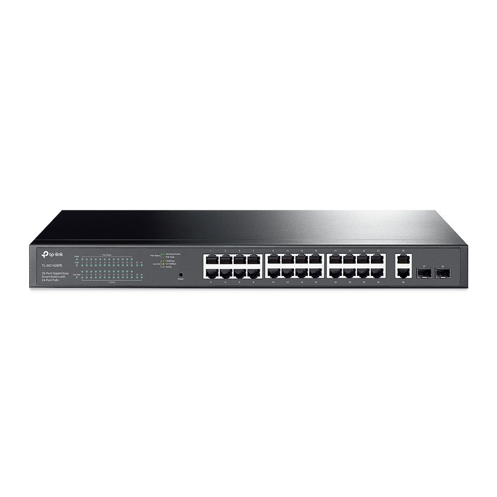 TP-LINK Switch 26x1000Mbps (24xPOE+) + 2xGigabit SFP, Menedzselhető, TL-SG1428PE