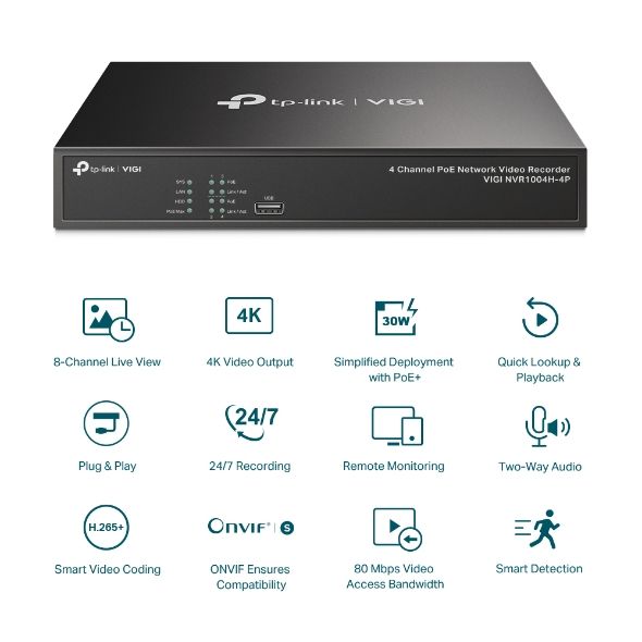TP-LINK Video Recorder 4 csatornás POE+, VIGI NVR1104H-4P