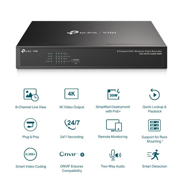 TP-LINK Video Recorder 8 csatornás POE+, VIGI NVR1008H-8MP