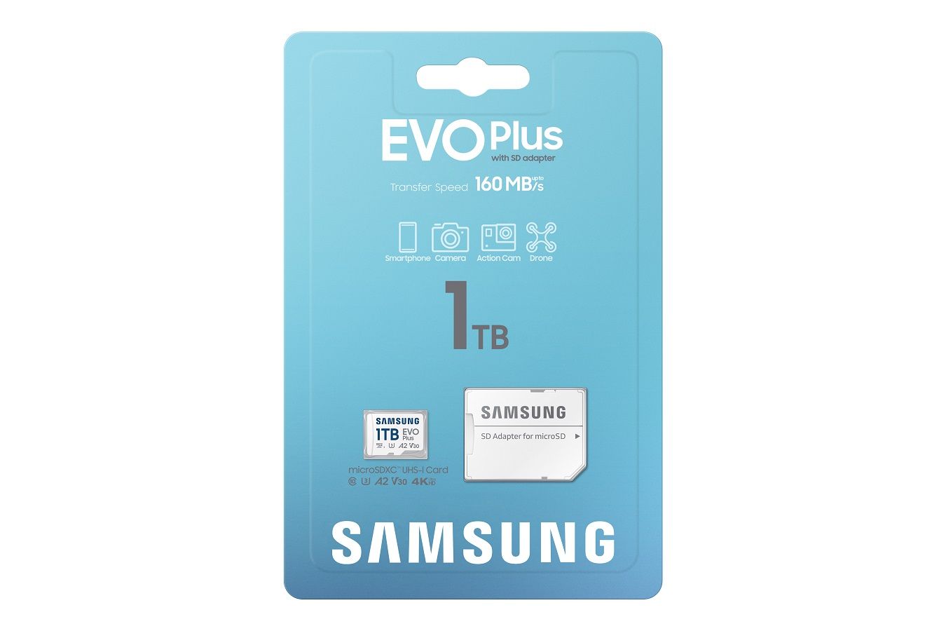 SAMSUNG Memóriakártya, EVO Plus microSDXC kártya, 1TB, UHS-1, U3, V30, A2, + SD Adapter, R160/W