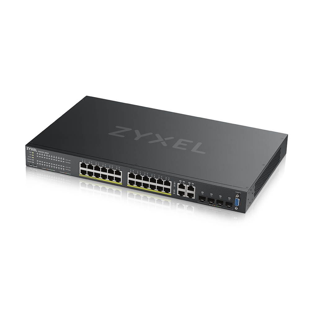 ZYXEL Switch 24x1000Mbps (24xPOE) + 4xGigabit kombó SFP, Menedzselhető Rackes, GS2220-28HP-EU0101F