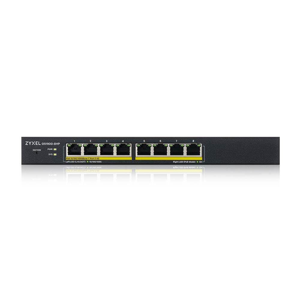 ZYXEL Switch 8x1000Mbps (8xPOE), Fémházas, Menedzselhető (8GbE port), GS1900-8HP-EU0103F