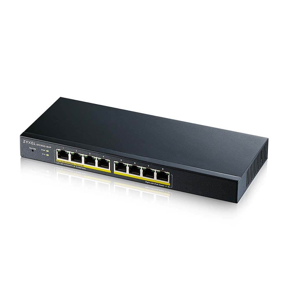 ZYXEL Switch 8x1000Mbps (8xPOE), Fémházas, Menedzselhető (8GbE port), GS1900-8HP-EU0103F