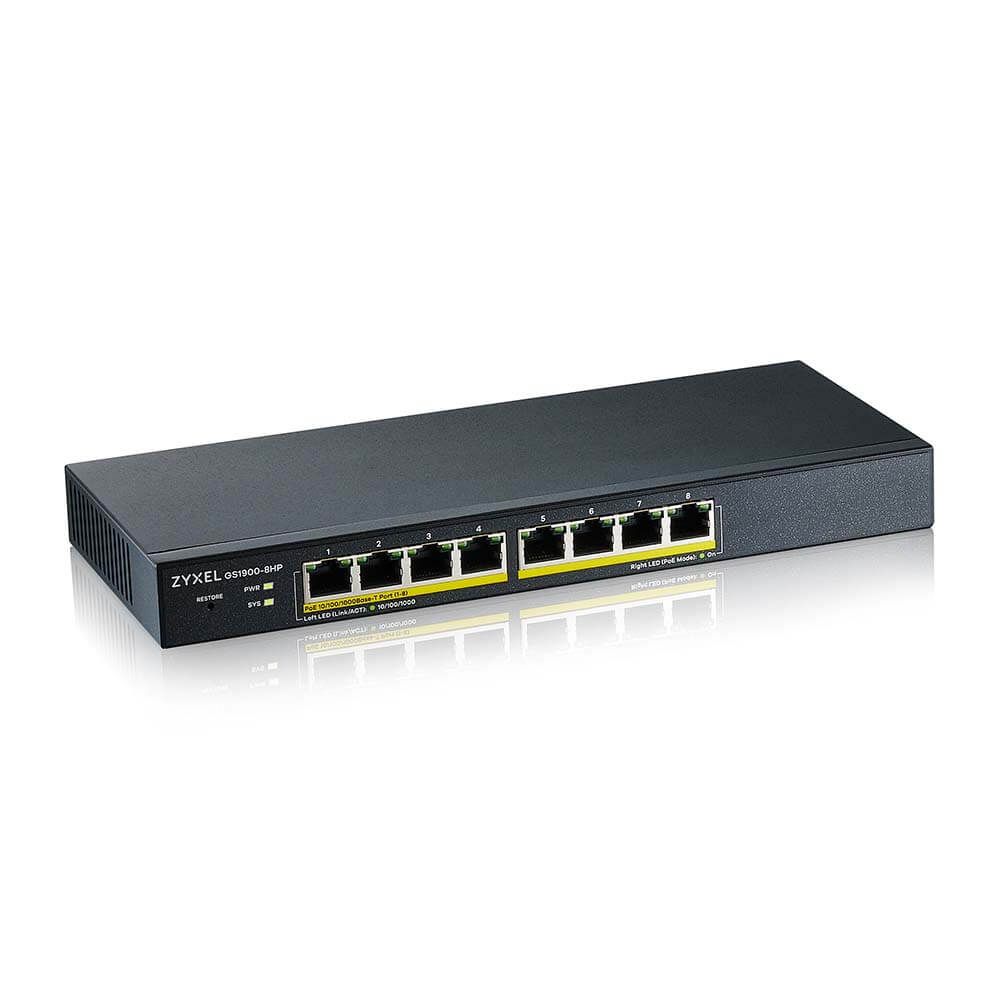 ZYXEL Switch 8x1000Mbps (8xPOE), Fémházas, Menedzselhető (8GbE port), GS1900-8HP-EU0103F