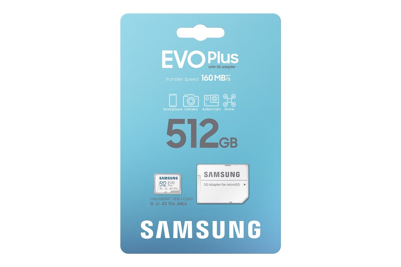SAMSUNG Memóriakártya, EVO Plus microSDXC kártya, 512GB, UHS-1, U3, V30, A2, + SD Adapter, R160/W