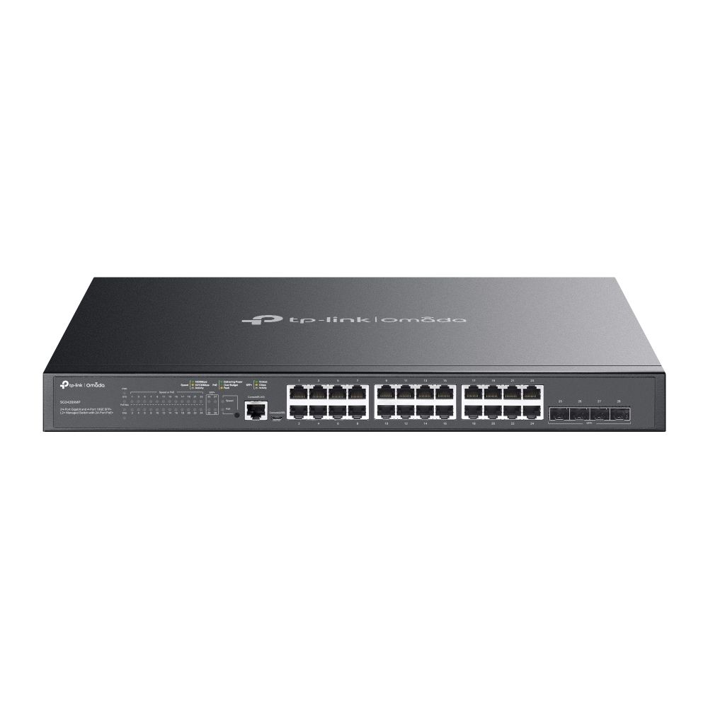 TP-LINK Switch 24x1000Mbps (24xPOE+) + 4x10G SFP+ + 2xkonzol port, Menedzselhető, SG3428XMP