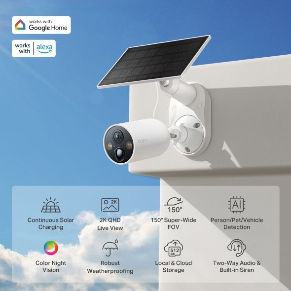 TP-LINK Wireless Kamera Cloud beltéri/kültéri + Okos Solar Panel IP65, TAPO C425 KIT