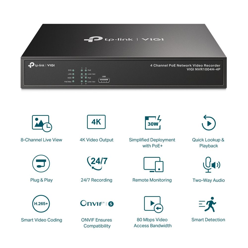 TP-LINK Video Recorder 4 csatornás POE+, VIGI NVR1004H-4P