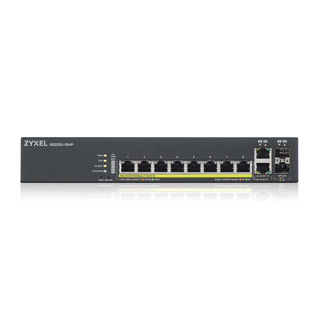 ZYXEL Switch 8x1000Mbps (8xPOE) + 2xGigabit kombó SFP, Menedzselhető Rackes, GS2220-10HP-EU0101F