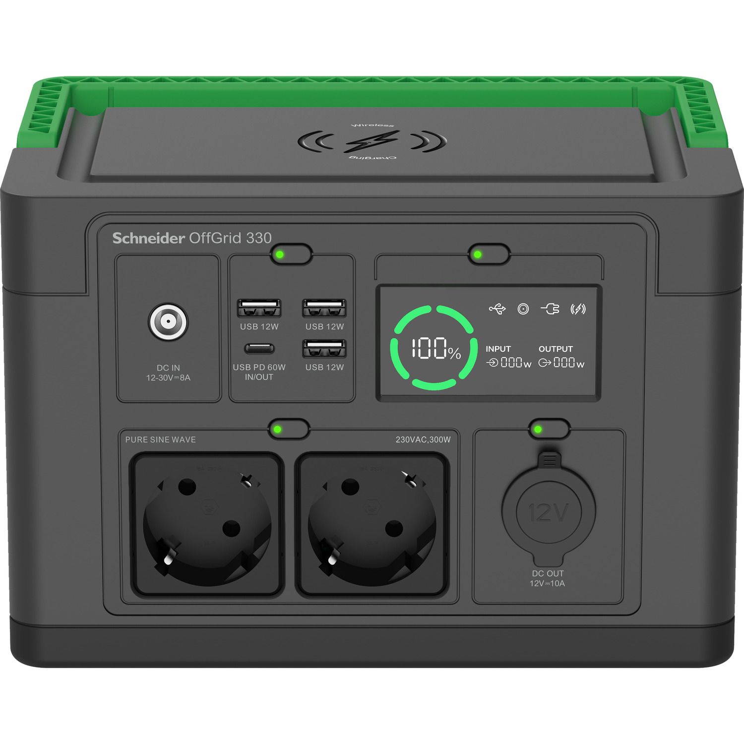 APC Schneider OFFGRID 330 hordozható akkumulátor állomás, 332Wh Lítium-ion, 2xSCHUKO, 3xUSB, 2x USB-C, Színuszos, LCD