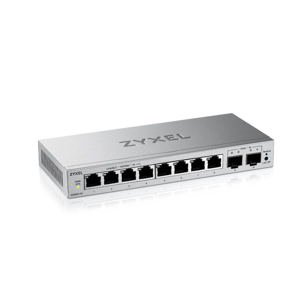 ZYXEL Switch 8x1000Mbps + 2xSFP Fémházas Asztali, Web menedzselés, GS1200-10V3-EU0101F