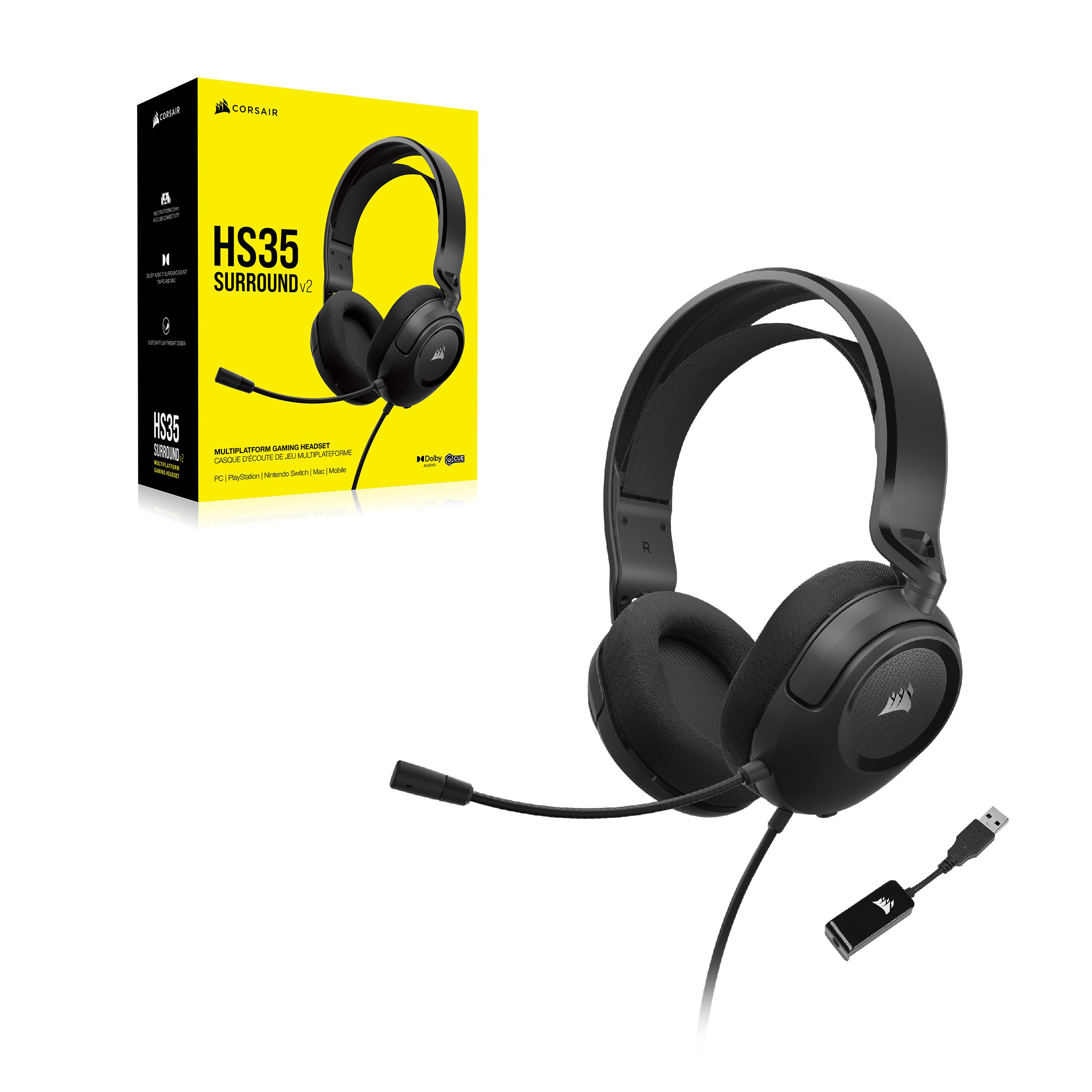 CORSAIR Vezetékes Headset, HS35 SURROUND v2 Gaming, Multiplatform, fekete