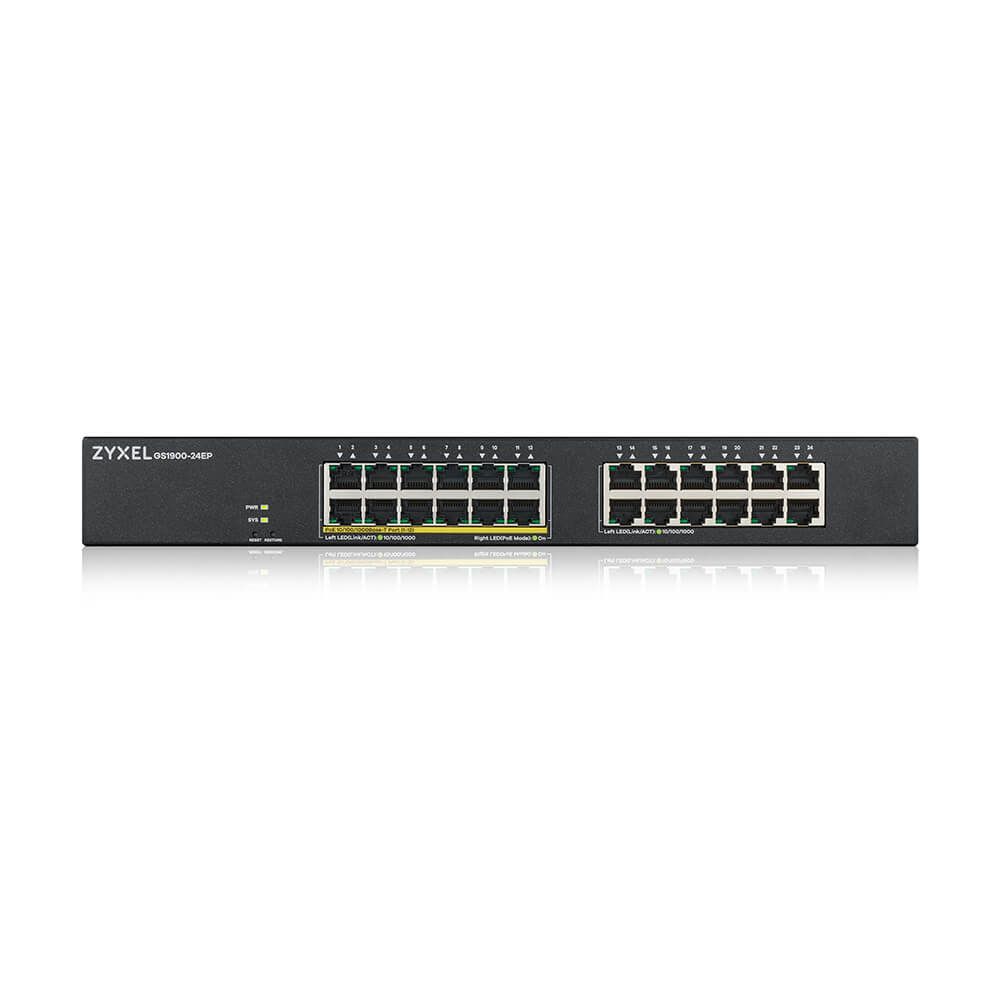 ZYXEL Switch 24x1000Mbps (12xPOE) Fémházas Menedzselhető Rackes (24 GbE port), GS1900-24EP-EU0101F