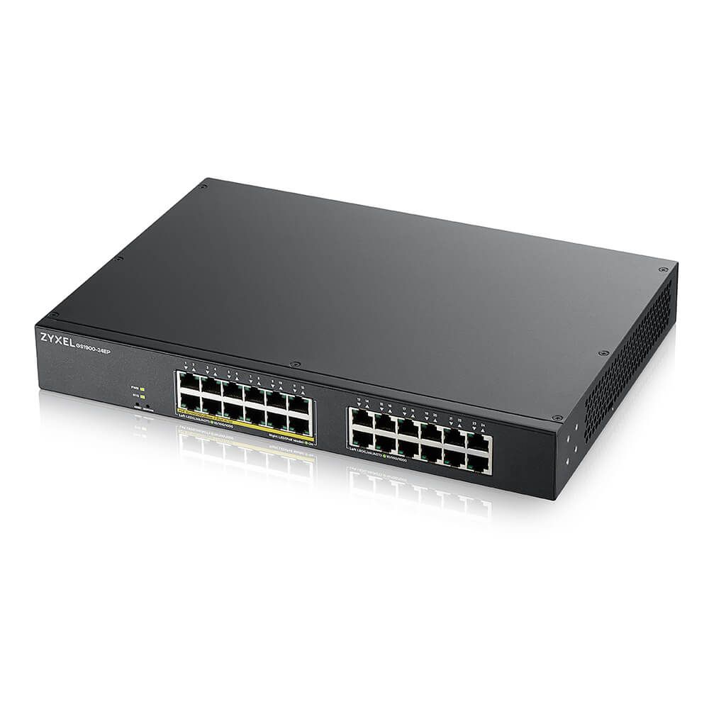ZYXEL Switch 24x1000Mbps (12xPOE) Fémházas Menedzselhető Rackes (24 GbE port), GS1900-24EP-EU0101F