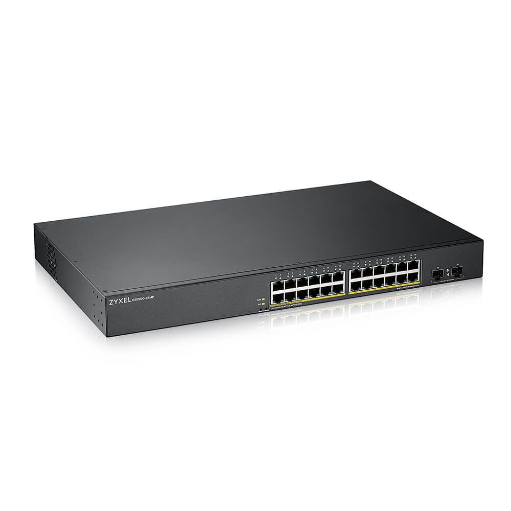 ZYXEL Switch 24x1000Mbps (24xPOE) + 2xGigabit SFP, Fémházas Menedzselhető (24GbE port), GS1900-24HPV2-EU0101F